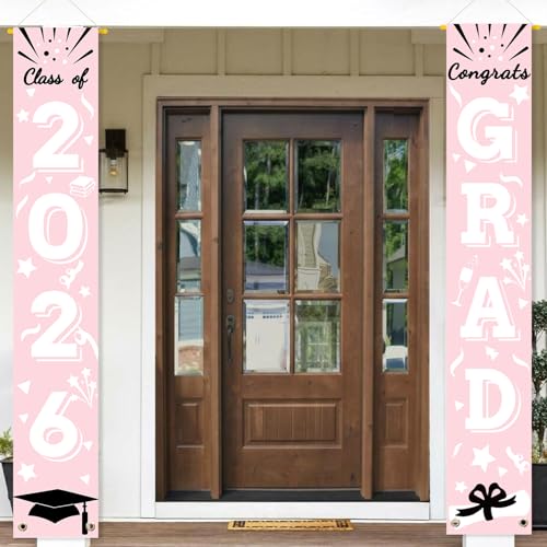 Image of Graduation Porch Banner Class Sign Congrats Grad Hanging Flags High School College University Party Decoration For Front Door Outdoor Pink