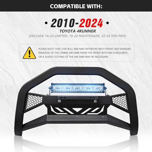 Image of Bull Bar with License Plate Frame & LED Light Bar Compatible with 2010-2024 Toyota 4 Runner, Truck Grille Guard Brush Push Bar Front Bumper (Include Light Mount & Skid Plate)