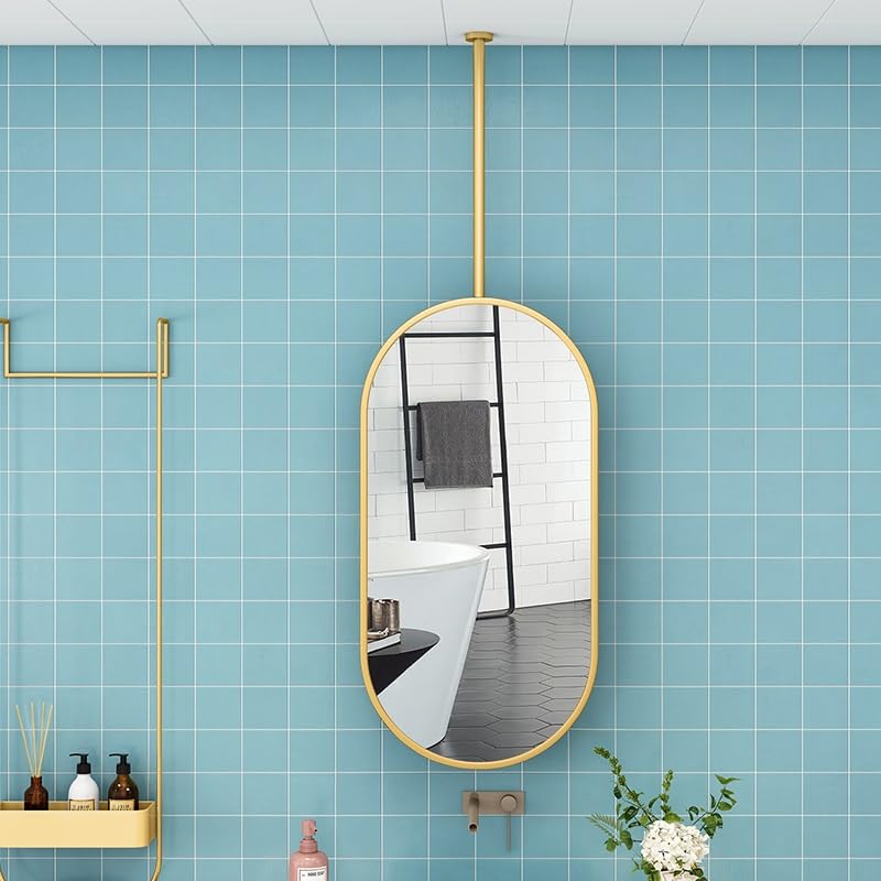 Miroir de maquillage ovale suspendu au plafond 50 x 80 cm avec tige métallique pour chambre