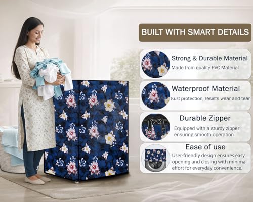 Image of Stylista Washing Machine Cover Compatible For Bosch 8 Kg Front Load Wat24463In Floral Pattern Blue - Polyvinyl Chloride