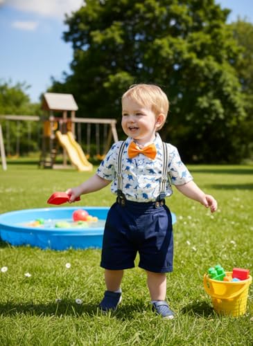 Image of Volunboy Baby Boy Formal Short Set Toddler Summer Gentleman Outfit Kid Short Sleeve Bowtie Shirt Suspender Shorts Suit