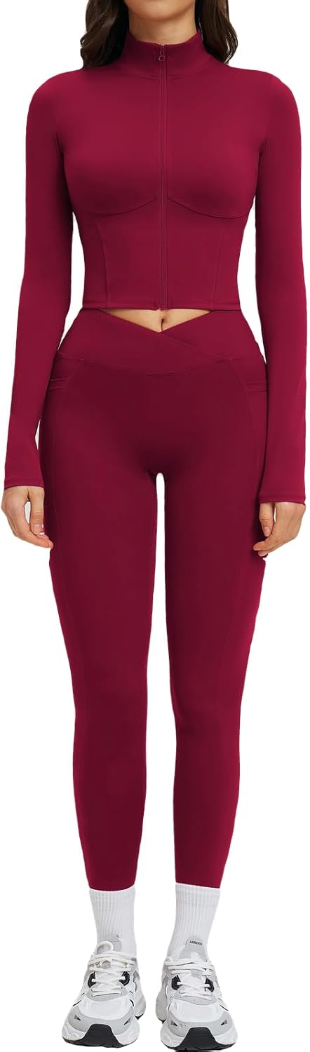 Women's 3 Piece Workout Sets High Waist Leggings Sports Bra Zip Jacket Gym Outfits