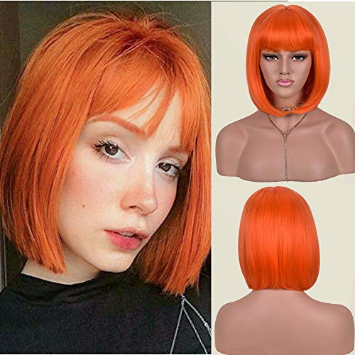 Orange Short Bob Wig With Bangs For Women Synthetic Orange Wigs Straight Women's Costume Wigs Halloween Party Christmas