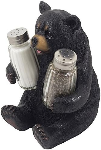 Decorative Black Bear Glass Salt and Pepper Shaker Set with Holder Figurine Sculpture for Rustic Lodge and Cabin Kitchen Table Decor Centerpieces & Spice Rack Decorations or Teddy Bear Gifts
