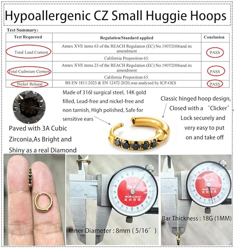 Image of Hypoallergenic Unisex Surgical Steel Small Cubic Zirconia Huggie Hoop Earring, Color Gold - Silver - Rose Gold - Black - Rainbow, Size 6mm- 12mm Safe for Sensitive Ear