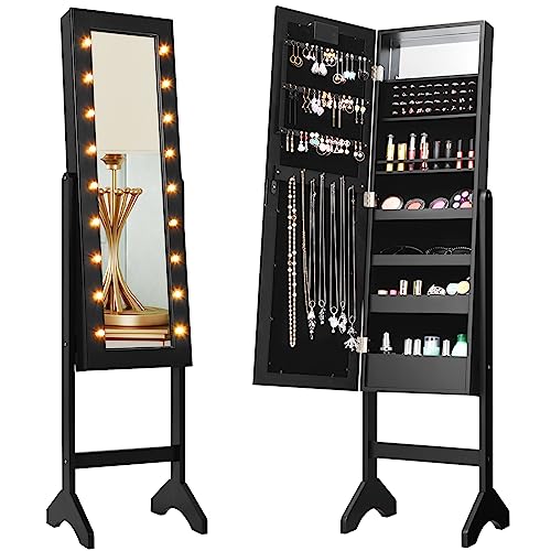 HOMASIS Armario Joyero de Suelo Con Espejo y Luces LED - Contenedor Con Marco para Joyas, Cosméticos - para Cama, Baño (Negro)