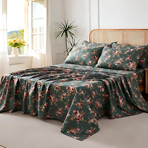 Image of FADFAY Vintage Floral Double Gauze Sheets Set, Breathable Muslin Cotton Bedding Set, Soft Cottagecore Botanical Bed Set for All Season