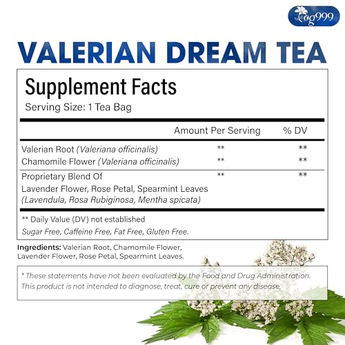 Image of TOG999, Premium Valerian Dream Tea Bags | 60 Count | Herbal Blend with Valerian Root, Chamomile, Lavender, Rose Petal & Spearmint | Naturally Caffeine-Free, Relaxing Evening Tea. Vegan.