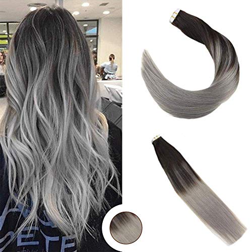 18 Inch Real Tape in Hair Extensions Double Sided Human Hair Dip Dyed #1B Off Black Fading to Silver 40 PCS 100 Grams Skin Weft Remy Hair Extensions Tape in