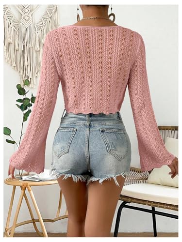 Image of SHENHE Women's Tie Front Cardigan Trumpet Sleeve Pointelle Knit Crop Tops