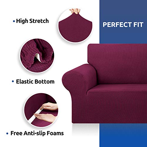 KEKUOU Stretch Oversized Sofa Slipcover 1 Piece Couch Sofa Cover (94"-110") Furniture Protector 4 Seater Sofa with Elastic Bottom for Kids,Pet.Jacquard Checked Pattern Fabric(X Large,Wine)