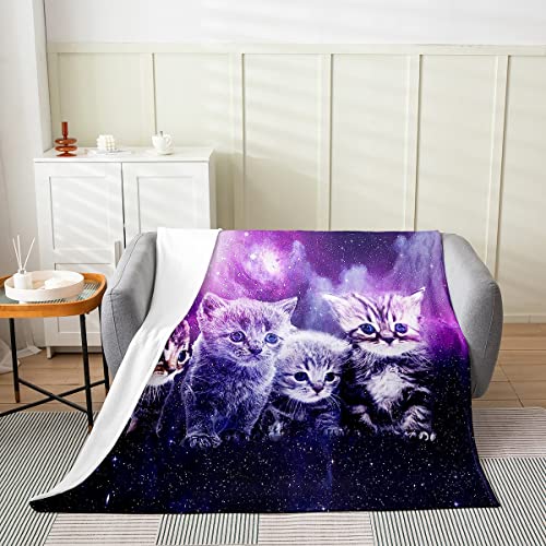 Pet Cats Fleece Throw Blanket,All Season Cat Purple Galaxy Bed Blanket Cute Kitten Print Fuzzy Blanket for Bed Sofa Couch,Bedroom Decor Plush Blanket 3D Animal Theme Throw 50"x60"