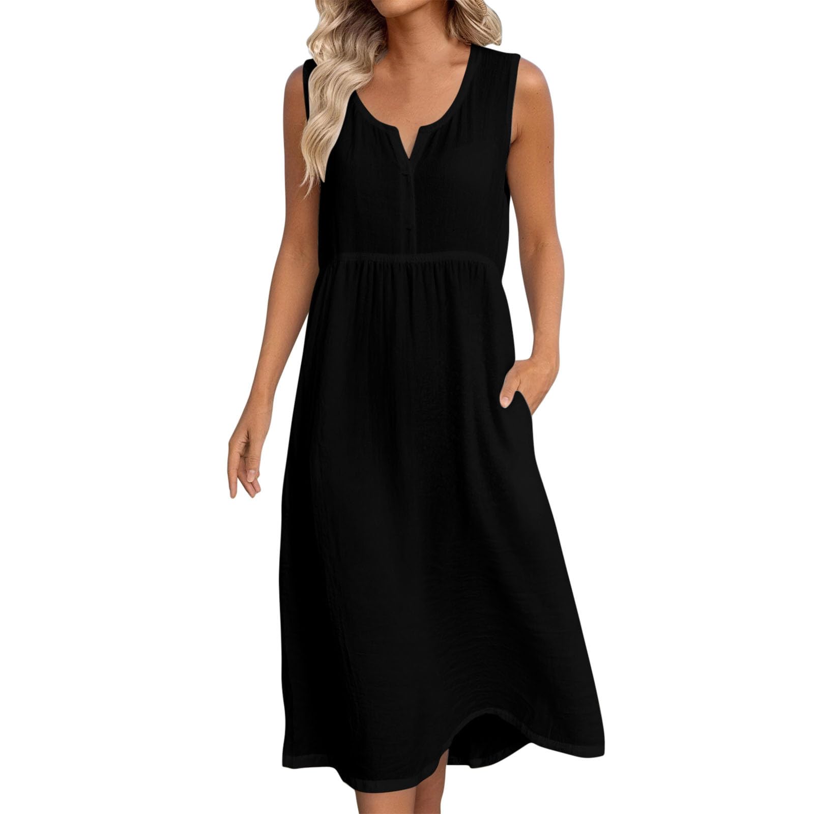 Frostluinai Womens Cotton Linen Midi Dresses Sleeveless Crewneck Empire Waist Loose Comfy Beach Casual Sundress — view 8