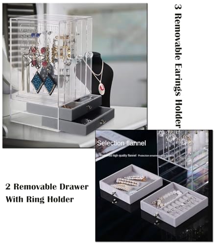 Image of SIBY Acrylic Transparent Earring Organizer | Clear Jewelry Storage Box for Earrings, Necklaces & Rings | Dustproof Jewelry Display Stand with 2 Removable Drawers (1Pc, Transparent)