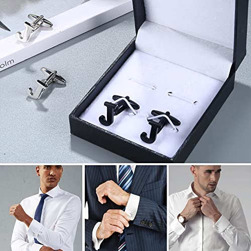 Ubgicig 2 Pairs Cufflinks For Men Personalized Initial Cufflinks Silver Tone Black Alphabet Cuff (J) #TOP3