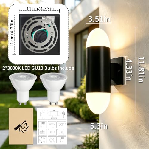 Image of JYV Outdoor Wall Lights, Cylinder Up and Down Porch Lights, Black 2Packs | IP65 Waterproof, stainless steel, Exterior Light Fixtures Wall Mount with 2 * 7W Bulbs 3000K, for House Porch Patio Garage