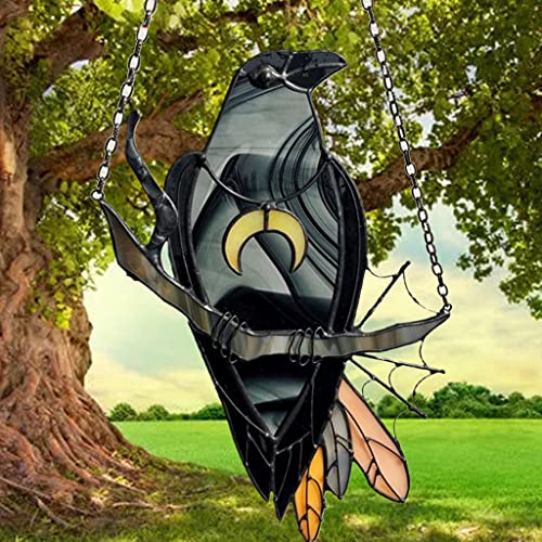 Hanzou Colar pendurado de corvo misterioso ornamento de bruxa apanhador de sol preto pássaro janela