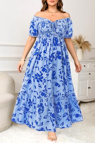 Image of Plus Size Sun Dresses Women - Summer Off the Shoulder Puff Sleeve A Line Boho Maxi Flow Long Dress 2025