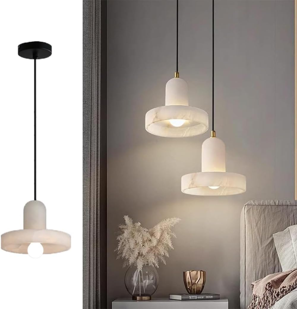 Abinlina White Natural Marble Alabaster Pendant Light Fixture - Adjustable Hanging Lamp for Kitchen Island, Bedroom, Living Room, Corridor