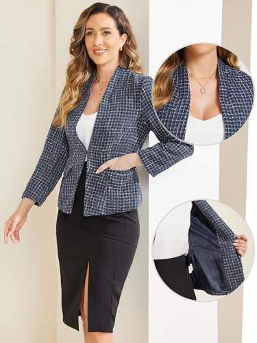 Allegra K Plaid Tweed Blazer for Women's Long Sleeve Open Front Work Office Jackets2