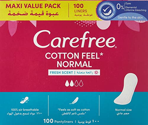 Carefree Cotton Fresh Scent - Forro interior 100% transpirable para comodidad diaria, ideal para protección contra la luz y frescura, tamaño normal, paquete de 100 unidades