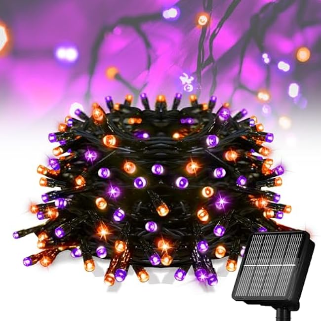 Solar Halloween Lights,39FT 100LED Orange & Purple String Lights,Halloween Solar Lights Outdoor with 8 Modes Waterproof for Bedroom Patio Garden Party Yard Decoration