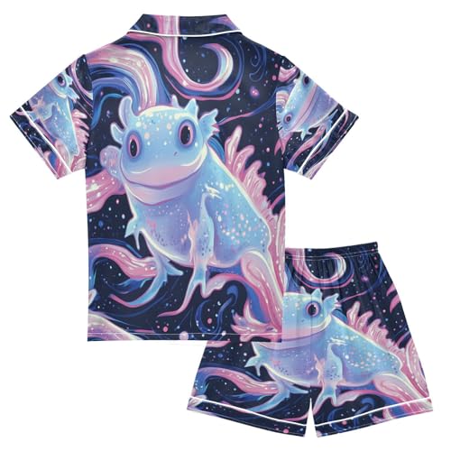 Satin Pajama Sets Short Sleeve Starry Axolotl Dreamy Swirls Button Down Silky Nightwear 2 Piece PJS 5-14Y2