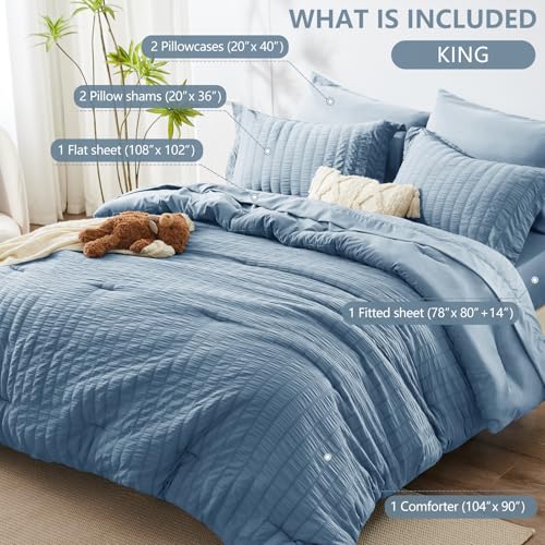 Image of HIMEET King Size Comforter Set - 7 Pieces Seersucker Bed in a Bag, Boho Bedding Sets for Bedroom Decor, All Season Home Essential Bed Set with Comforter, Sheets, Pillowcases & Shams, Grayish Blue