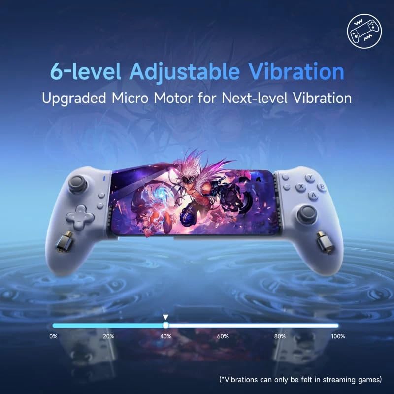 Image showing the controller with a phone, and a bar indicating 6 levels of adjustable vibration from 0% to 100% intensity.