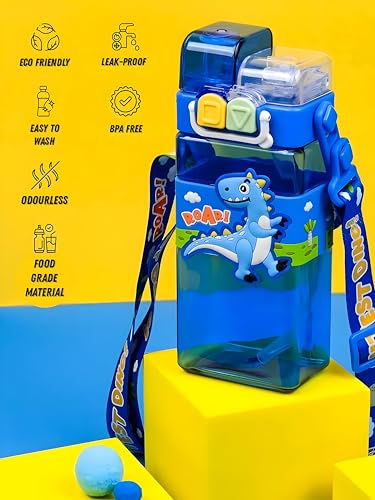 Image of Dino Kids Cartoon Water Bottle with Adjustable Strap, Leak-Proof Double Drinking Straw Cup, Portable Tumbler for School & Outdoor Fun - Pack of 1, Color May Vary