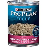 Purina Pro Plan Sensitive Stomach Pate Wet Dog Food, FOCUS Sensitive Skin & Stomach Salmon & Rice Entree - (12) 13 oz. Cans
