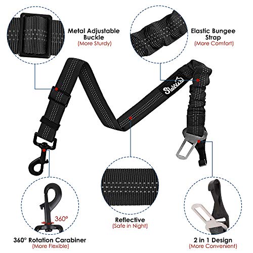 AUTOWT Dog Seat Belt, 2 in 1 Latch Bar Attachment Dog Car Seatbelt Metal Buckle Elastic Bungee Buffer Reflective Nylon Belt Tether Connect to Dog Harness for Pet Safety (Black + Black) - Thumbnail 3