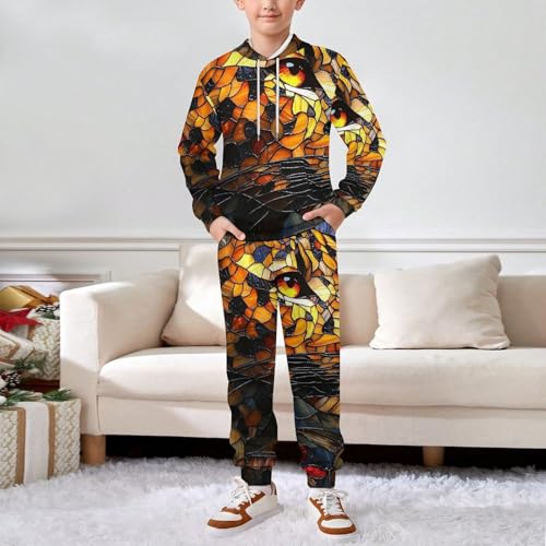 Boys Girls Sweatshirt Set Kid 2 Piece Pullover Hoodie Jogger Sweatpants, Leopard Stained Glass Art3