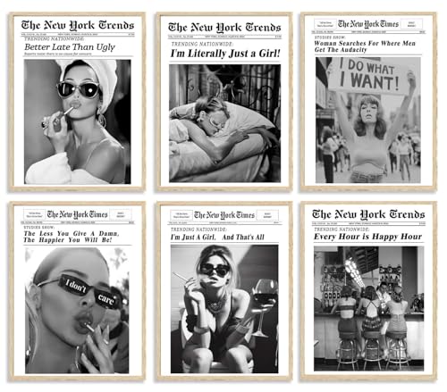 6-Piece Set Of Audrey Hepburn Newspaper Wall Art Feminism Canvas Wall Decor Better Late Than Ugly Pictures Every Hour Is Happy Hour Vintage Black And White Girl Posters Set I'M Simply Just A Girl Fashion Bedroom Paintings 8x10 Inch Unframed