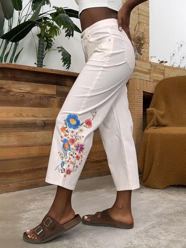 Flamingals High Waisted Cotton Straight Leg Pants for Women Boho Floral Embroidery Summer Pants2