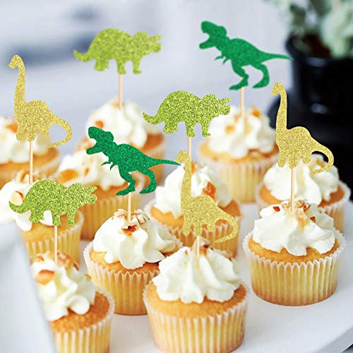 Unimall Pack Of 24 Dinosaur Cupcake Topper Green Gold Glitter Cupcake Picks Cake Decoration For Baby Shower Wedding Birthday Event Party Supply #TOP5