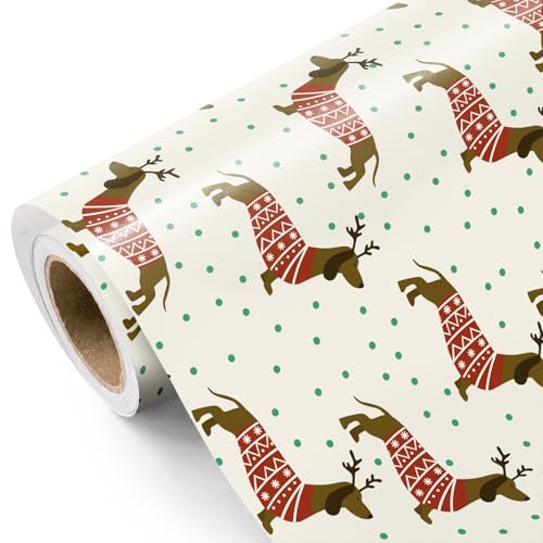 WRAPAHOLIC Dog Christmas Wrapping Paper - Mini Roll - 17 Inch x 16.5 Feet - Chritsmas Dachshund Dog Wrapping Paper for Xmas Holiday, Party Celebration