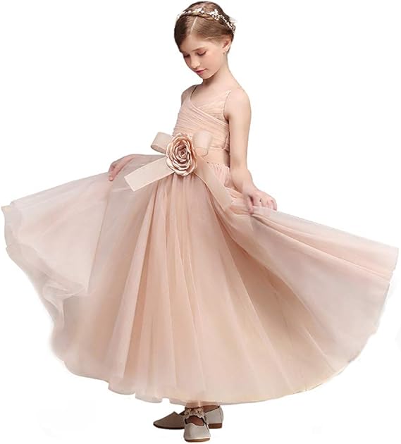 Amazon Giminuo子供ドレス ロングドレス ピアノ発表会 女の子 演奏会 高級オーダー ジュニア ゴージャス コンクール 大きな花コサージュ ピンク フォーマル 通販