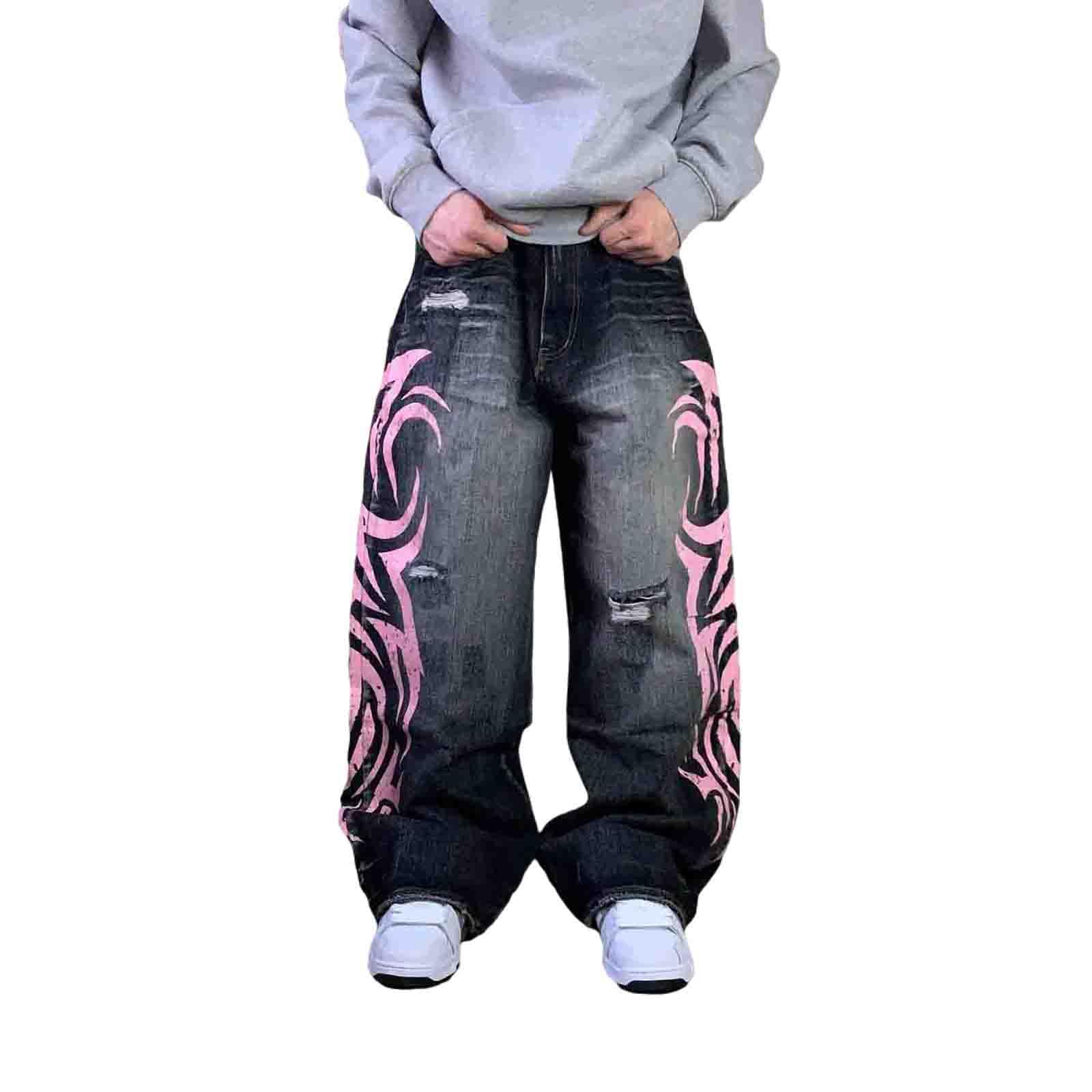Y2K Streetwear-Jeans für Herren und Damen, lockere Jeans, Retro-Totem-Druck, Gothic-Hose, hohe Taille, weites Bein, Harajuku, Hip-Hop-Hose