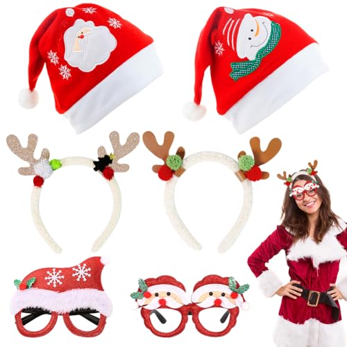 OZXVXZO Bonnet de Noël Femme et Homme, Bandeaux et Lunettes de Noël Accessoires pour Noel et Nouvel An Chapeau Noel Décorations pour Fêtes 6Pcs