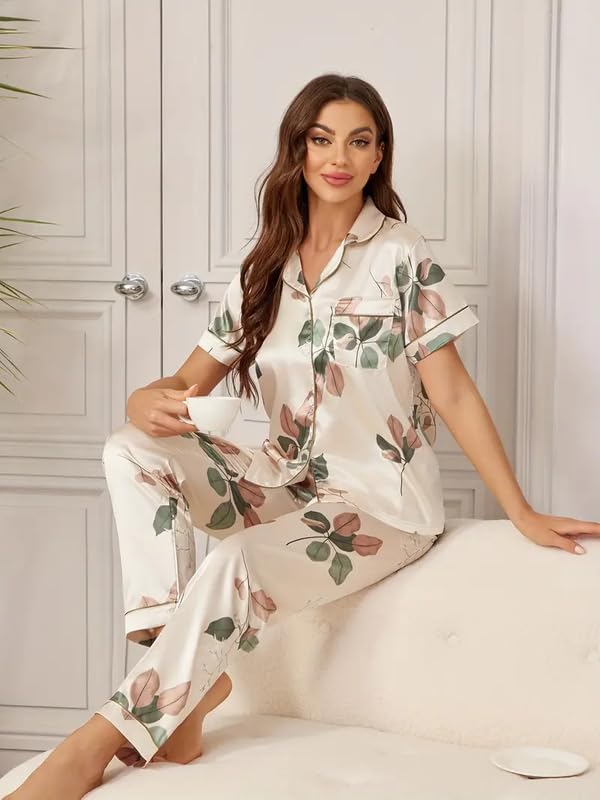 Image of Night Suit for Women with Full Sleeve Button-Down Top with Pant Dress for Woman, Cotton Night Dress for Woman, Two-Piece Loungewear Set