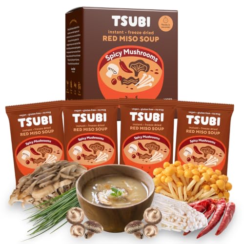 Tsubi Soup Freeze-Dried Japanese Miso Soup Packets - Instant, Vegan, Easy Mix, Gluten & MSG-Free, and Flavorful - Ready in Seconds -Made in Japan - Red Miso (Spicy Mushroom) - 4 Packs