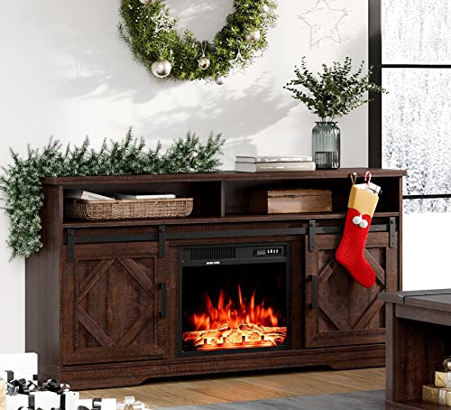 Wampat Fireplace Tv Stand For Tvs Up To 65 Inch, Farmhouse Wood Electric Fireplace Tv Console, Entertainment Center With Storage, Sliding Barn Door&Adjustable Shelf For Living Room, Rustic Brown #TOP9