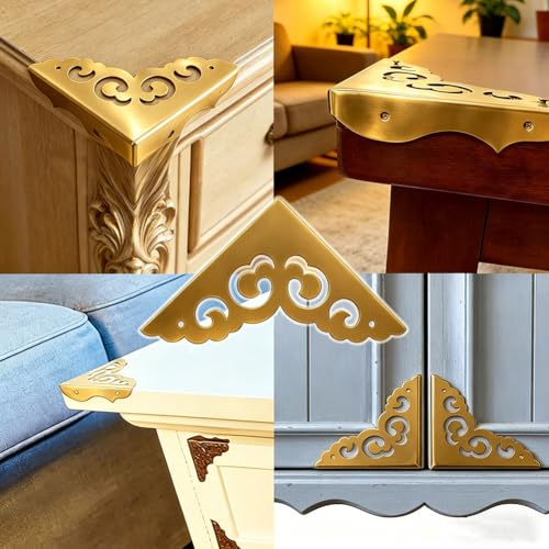 Image of 4pcs Metal Corner Protectors Solid Brass with Victorian-Inspired scrollwork Pattern Brackets Vintage Furniture Corner Protector Edge Guard for Table Desk Cabinet with Screws (Bronze)