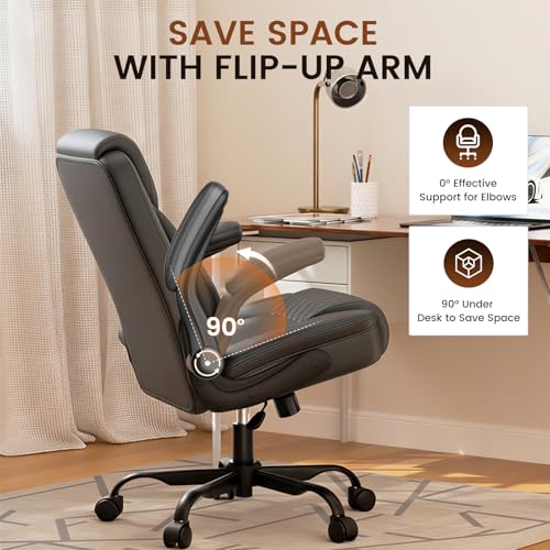 Image of GTPLAYER Leather Office Chair, Home Desk Chair with Flip-up Arms and Ergonomic Back - Comfy Heavy Duty Executive Chair for Home Office Gaming, Gray