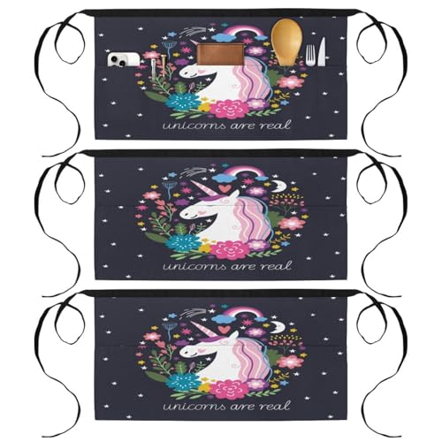 Lot de 3 tabliers courts de chef avec 3 poches multicolores pour le travail en bar