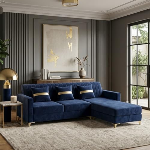 Image of CASASTYLE Groovy 4 Seater L Shape Sofa Set with Movable Ottoman | Flexible Left or Right Layout | Cozy Velvet Fabric | Soft Touch Seating | Modern Designer Sofa for Living Room (Dark Blue)