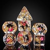 Cusdie 7-Die DND Dice, Polyhedral Dice Set Filled with Flowers, for Role Playing Game D&D Dice Pathfinder (Rose/White w/Golden Numbers)