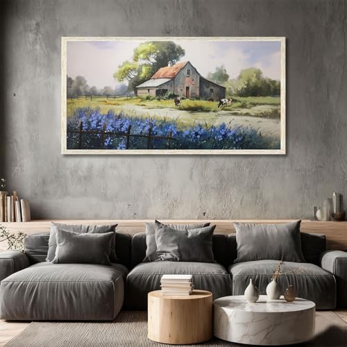 Ardemy Farmhouse Canvas Wall Art Large Framed Vintage Farm Cow Pictures Wall Decor Living Room Village Nature Painting Artwork Wall Art Bedroom Dining Room Home Office, 48"x24" 48"L x 24"W G