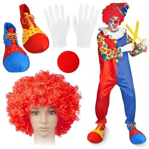 Conjunto de 4 peças de fantasia de palhaço acessórios, peruca de palhaço, sapatos de palhaço, nariz e luvas de palhaço, acessórios de disfarce de palhaço para adultos, para Halloween, circo, carnaval